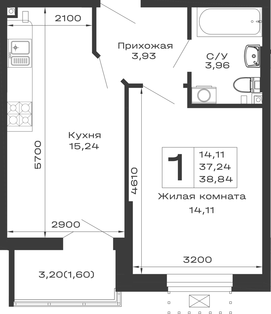 Планировка 1-комнатной квартиры 38.84 м² в ЖК Долина, г. Майкоп — фото 1