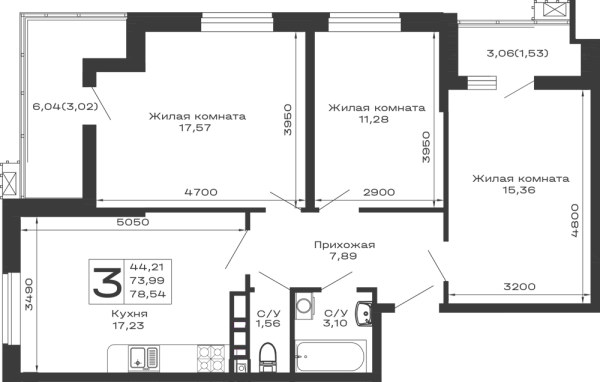 Планировка 3 комн. в ЖК Долина