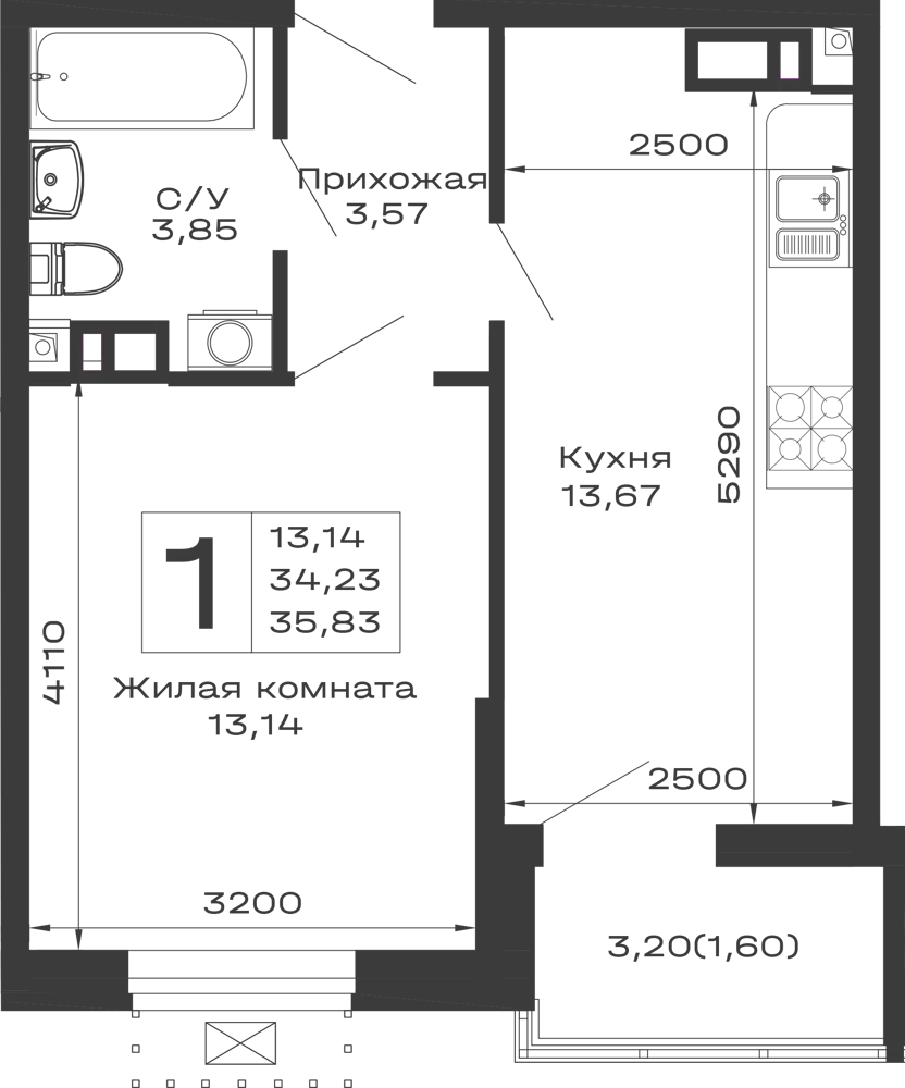 Планировка 1-комнатной квартиры 35.83 м² в ЖК Долина, г. Майкоп — фото 1