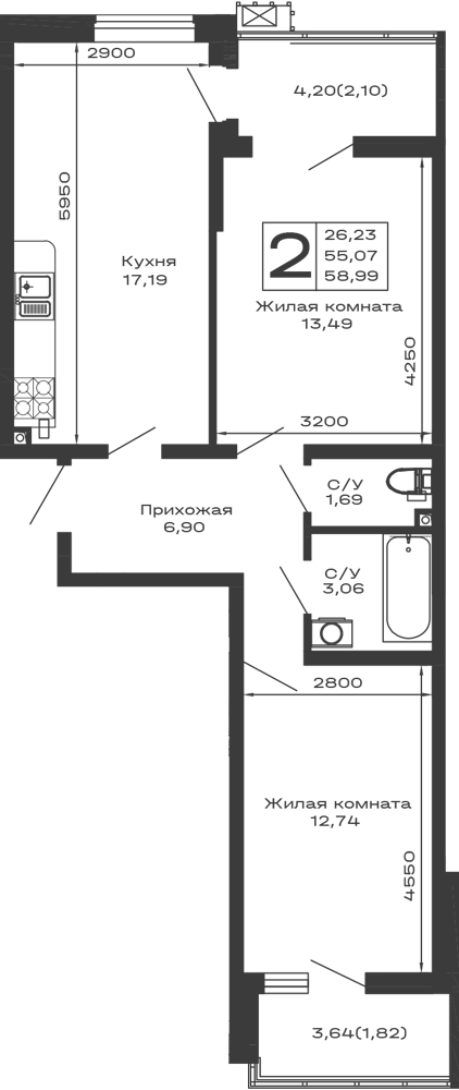 Планировка 2-комнатной квартиры 58.99 м² в ЖК Долина, г. Майкоп — фото 1