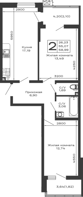 Планировка 2 комн. в ЖК Долина
