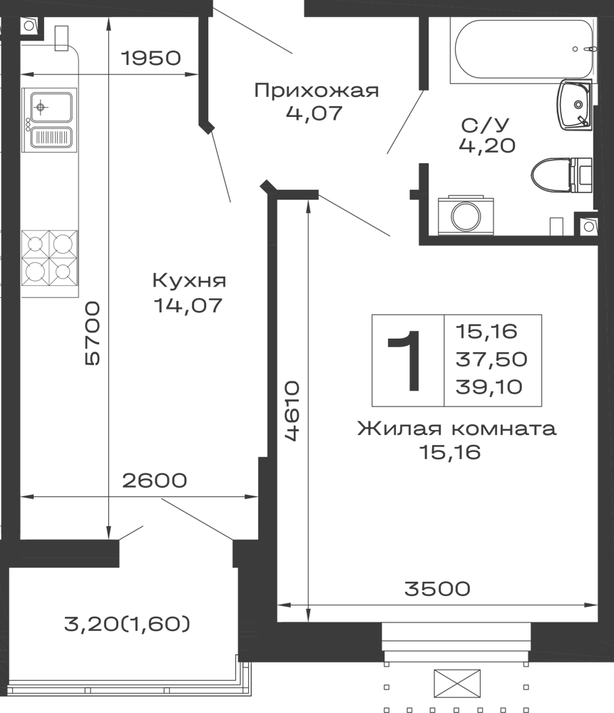 Планировка 1-комнатной квартиры 39.1 м² в ЖК Долина, г. Майкоп — фото 1