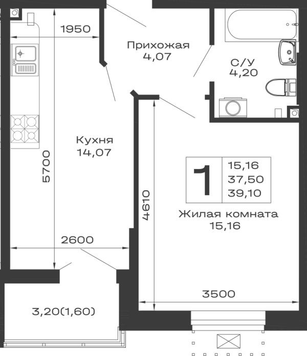 Планировка 1 комн. в ЖК Долина