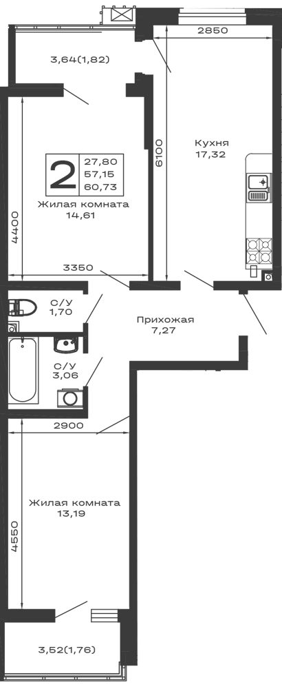 Планировка 2-комнатной квартиры 60.73 м² в ЖК Долина, г. Майкоп — фото 1