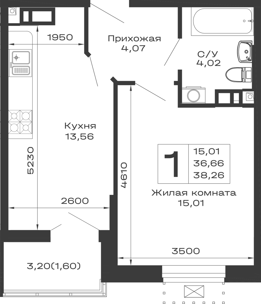 Планировка 1-комнатной квартиры 38.26 м² в ЖК Долина, г. Майкоп — фото 1