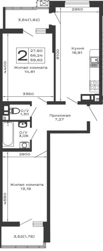 Планировка 2 комн. в ЖК Долина