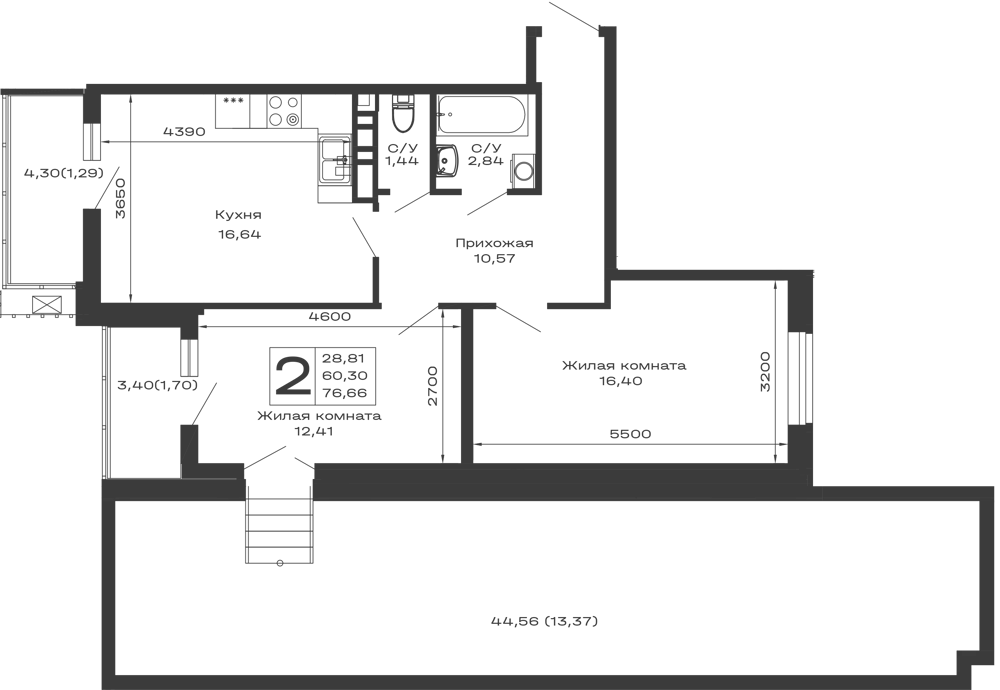 Планировка 2-комнатной квартиры 76.66 м² в ЖК Долина, г. Майкоп — фото 1
