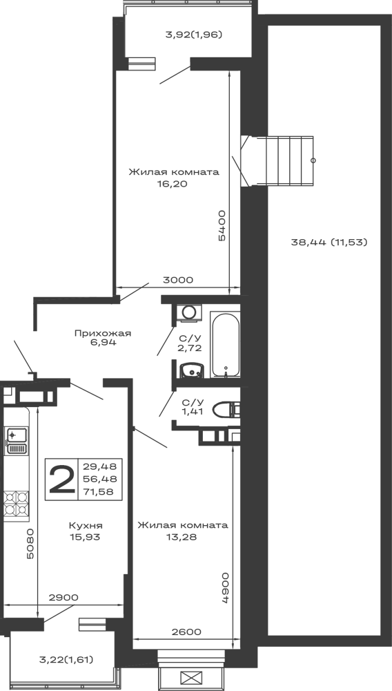 Планировка 2-комнатной квартиры 71.58 м² в ЖК Долина, г. Майкоп — фото 1