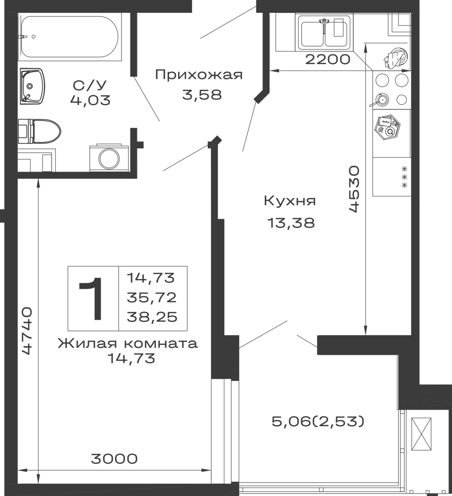 Планировка 1-комнатной квартиры 38.25 м² в ЖК Долина, г. Майкоп — фото 1