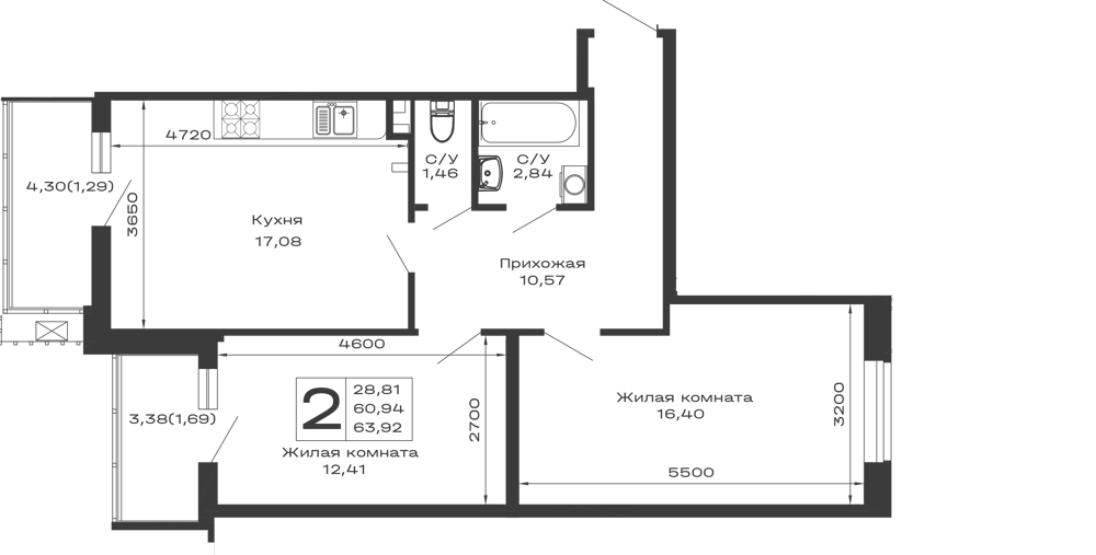 Планировка 2-комнатной квартиры 63.92 м² в ЖК Долина, г. Майкоп — фото 1
