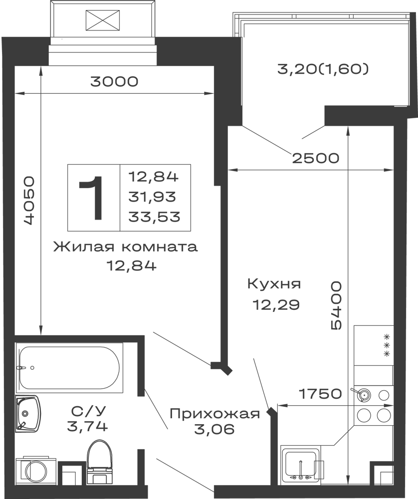 Планировка 1-комнатной квартиры 33.53 м² в ЖК Долина, г. Майкоп — фото 1
