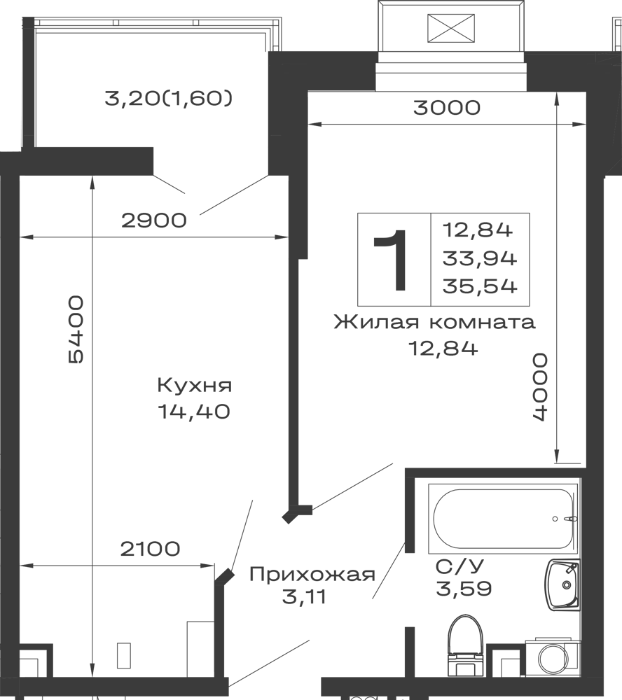 Планировка 1-комнатной квартиры 35.54 м² в ЖК Долина, г. Майкоп — фото 1