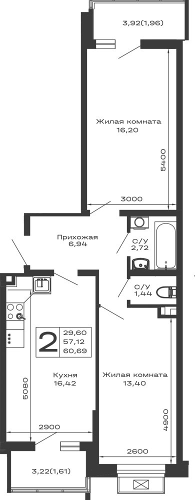 Планировка 2-комнатной квартиры 60.69 м² в ЖК Долина, г. Майкоп — фото 1