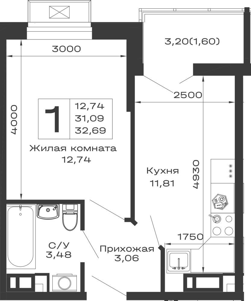 Планировка 1-комнатной квартиры 32.69 м² в ЖК Долина, г. Майкоп — фото 1