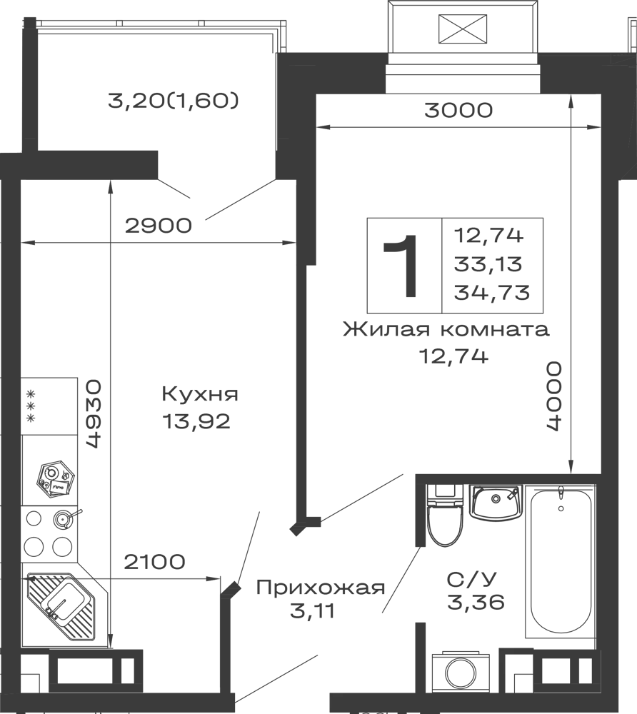 Планировка 1-комнатной квартиры 34.73 м² в ЖК Долина, г. Майкоп — фото 1