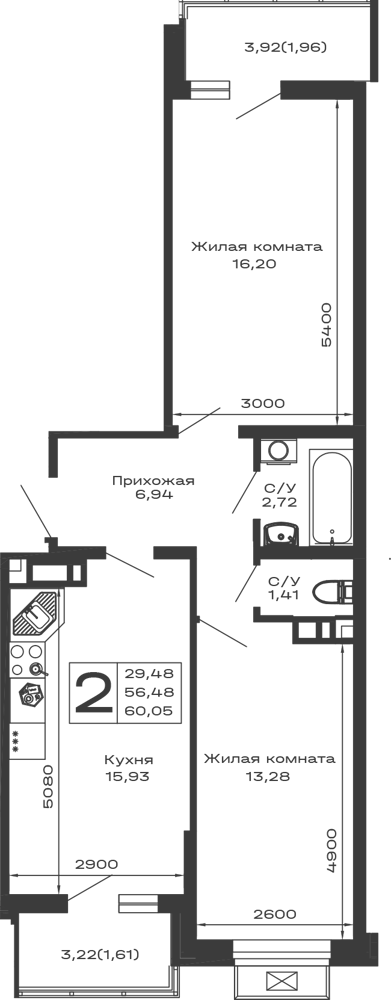 Планировка 2-комнатной квартиры 60.05 м² в ЖК Долина, г. Майкоп — фото 1