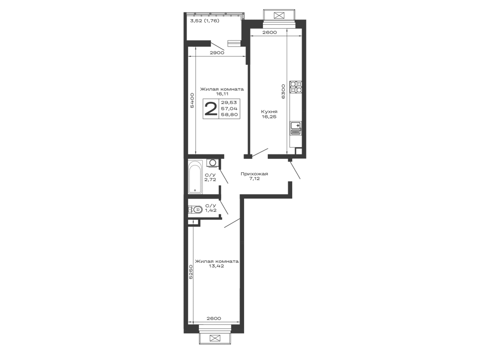 Планировка 2-комнатной квартиры 58.8 м² в ЖК Долина, г. Майкоп — фото 1