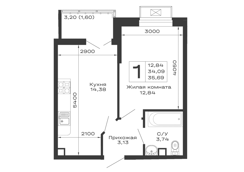 Планировка 1-комнатной квартиры 35.69 м² в ЖК Долина, г. Майкоп — фото 1