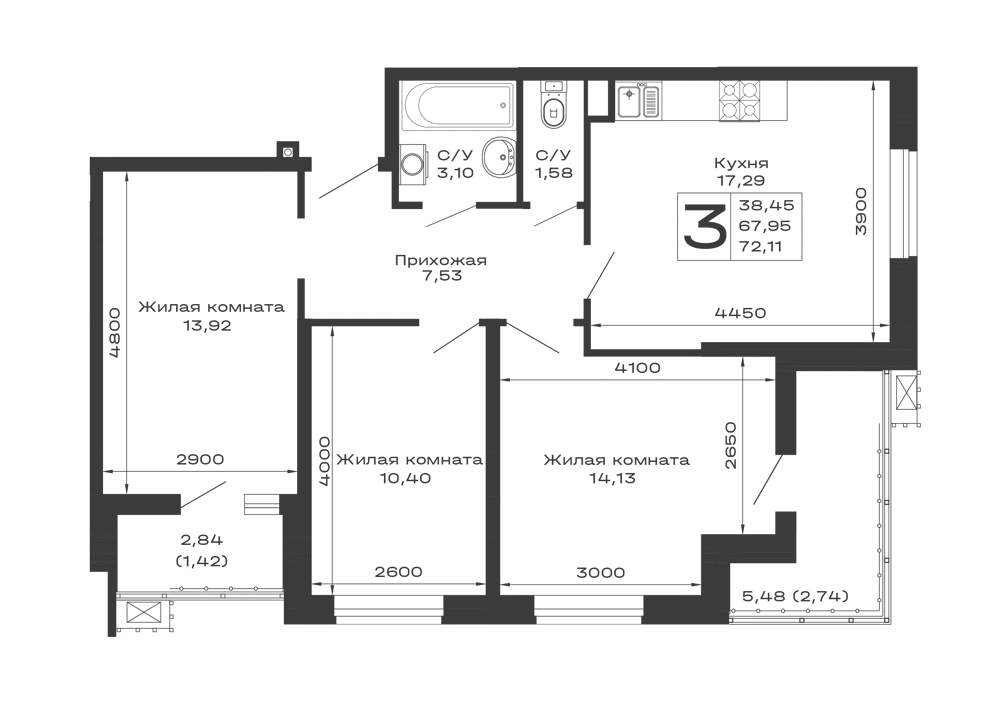 Планировка 3-комнатной квартиры 72.11 м² в ЖК Долина, г. Майкоп — фото 1