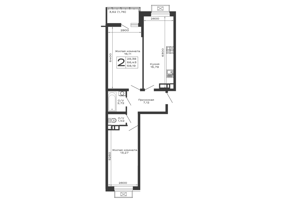 Планировка 2-комнатной квартиры 58.19 м² в ЖК Долина, г. Майкоп — фото 1