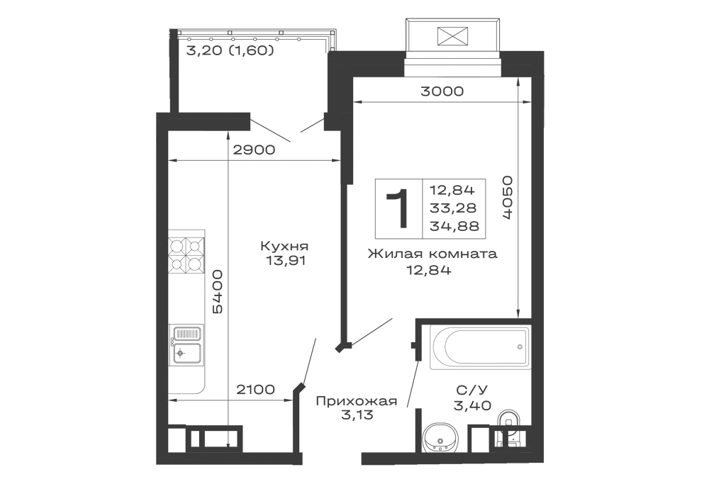 Планировка 1-комнатной квартиры 34.88 м² в ЖК Долина, г. Майкоп — фото 1