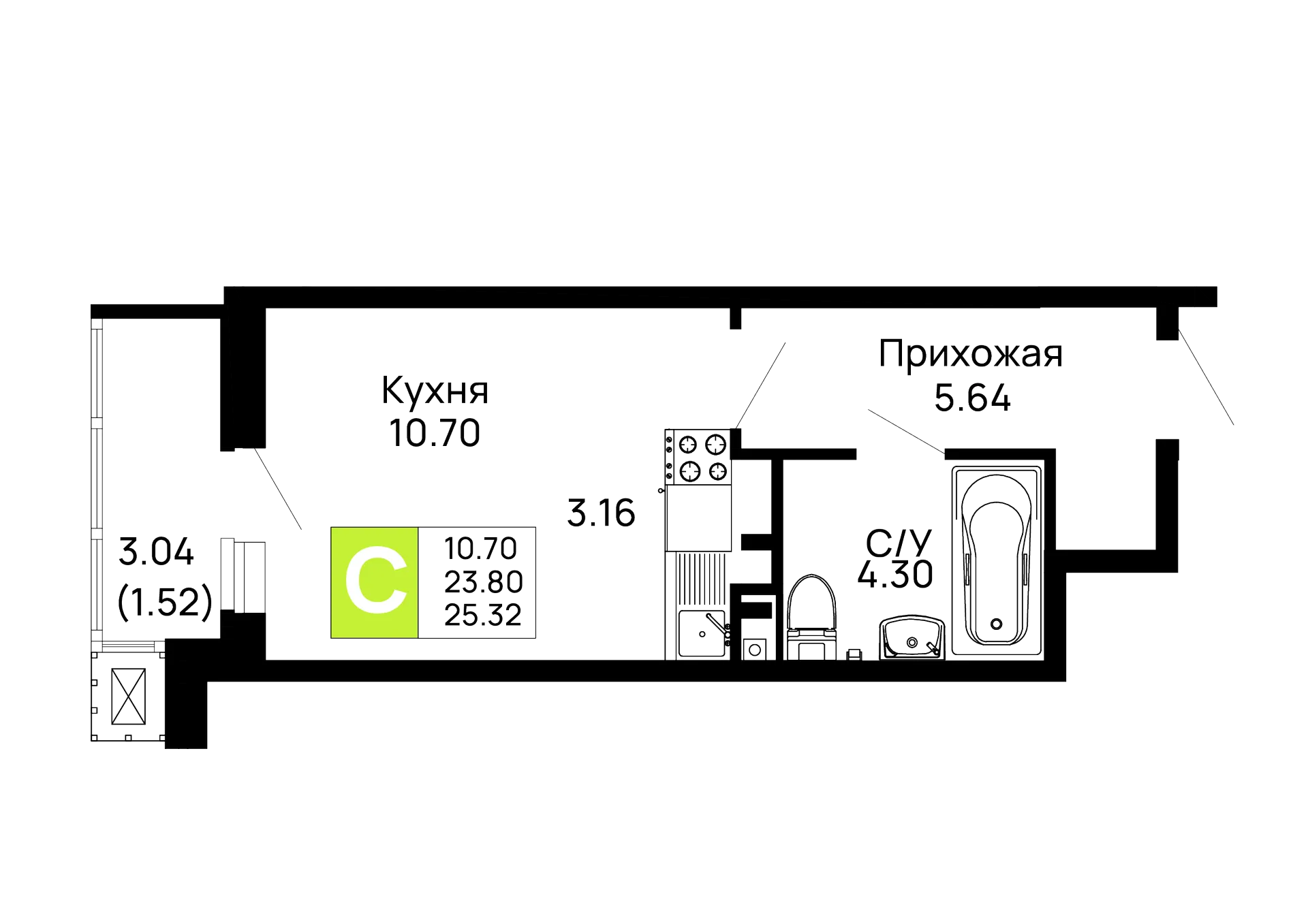 Планировка студии квартиры 25.32 м² в ЖК Долина, г. Майкоп — фото 1