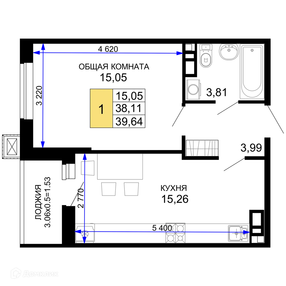 Планировка 1-комнатной квартиры 39.15 м² в ЖК "Дружба", г. Майкоп — фото 1