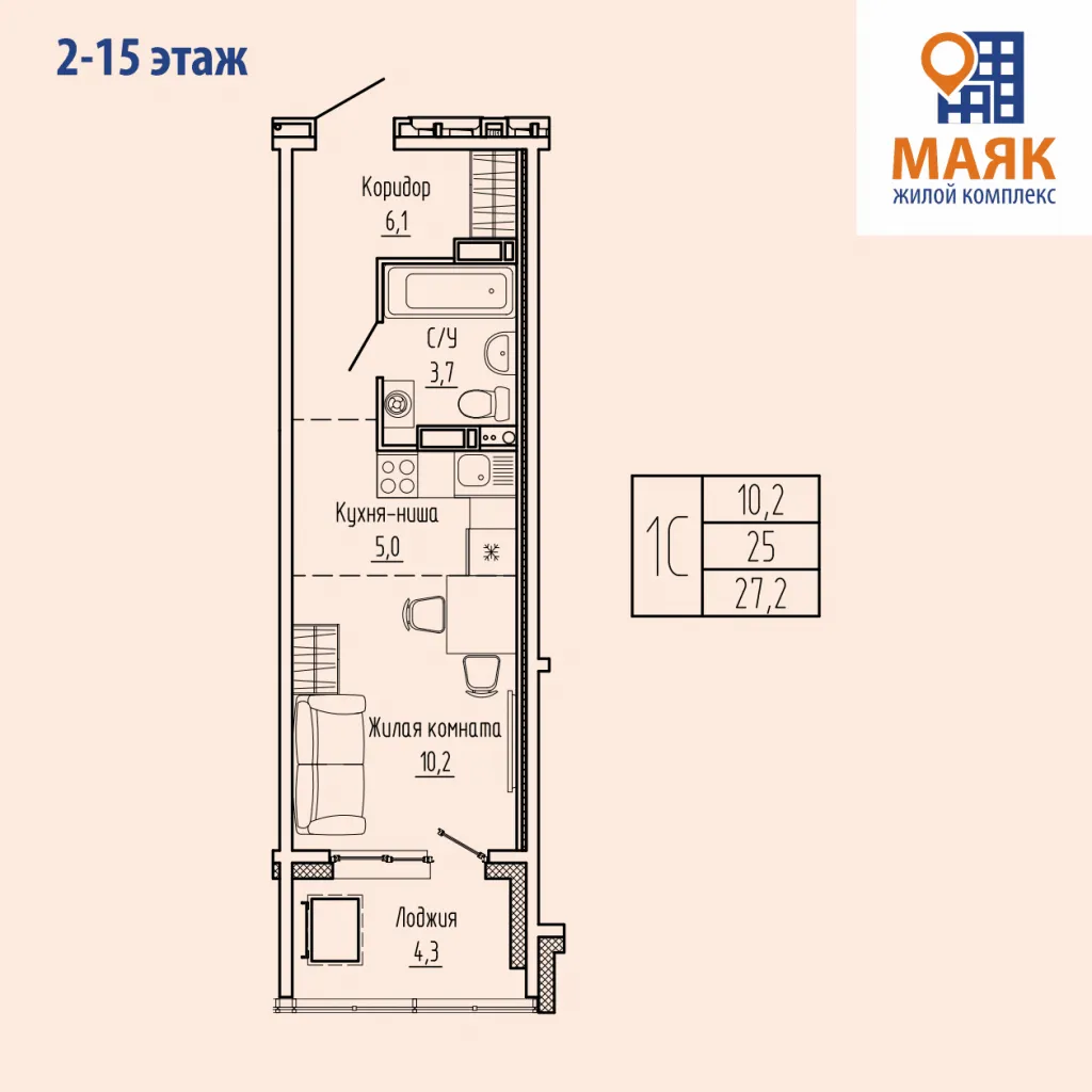 Планировка студии квартиры 27.2 м² в Маяк, г. Мурманск — фото 1