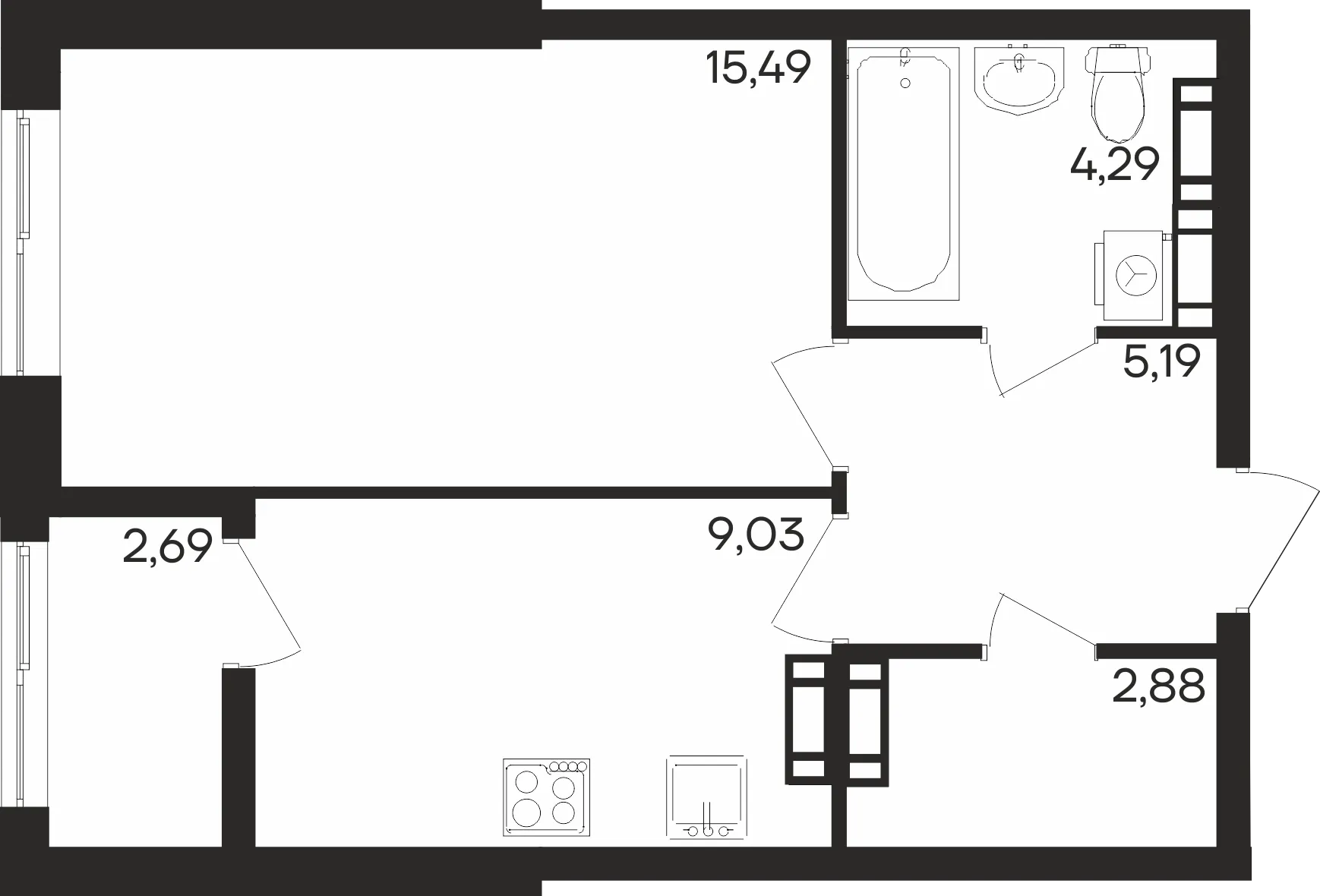 Планировка 1-комнатной квартиры 39.57 м² в ЖК Северное Сияние, г. Мурманск — фото 1