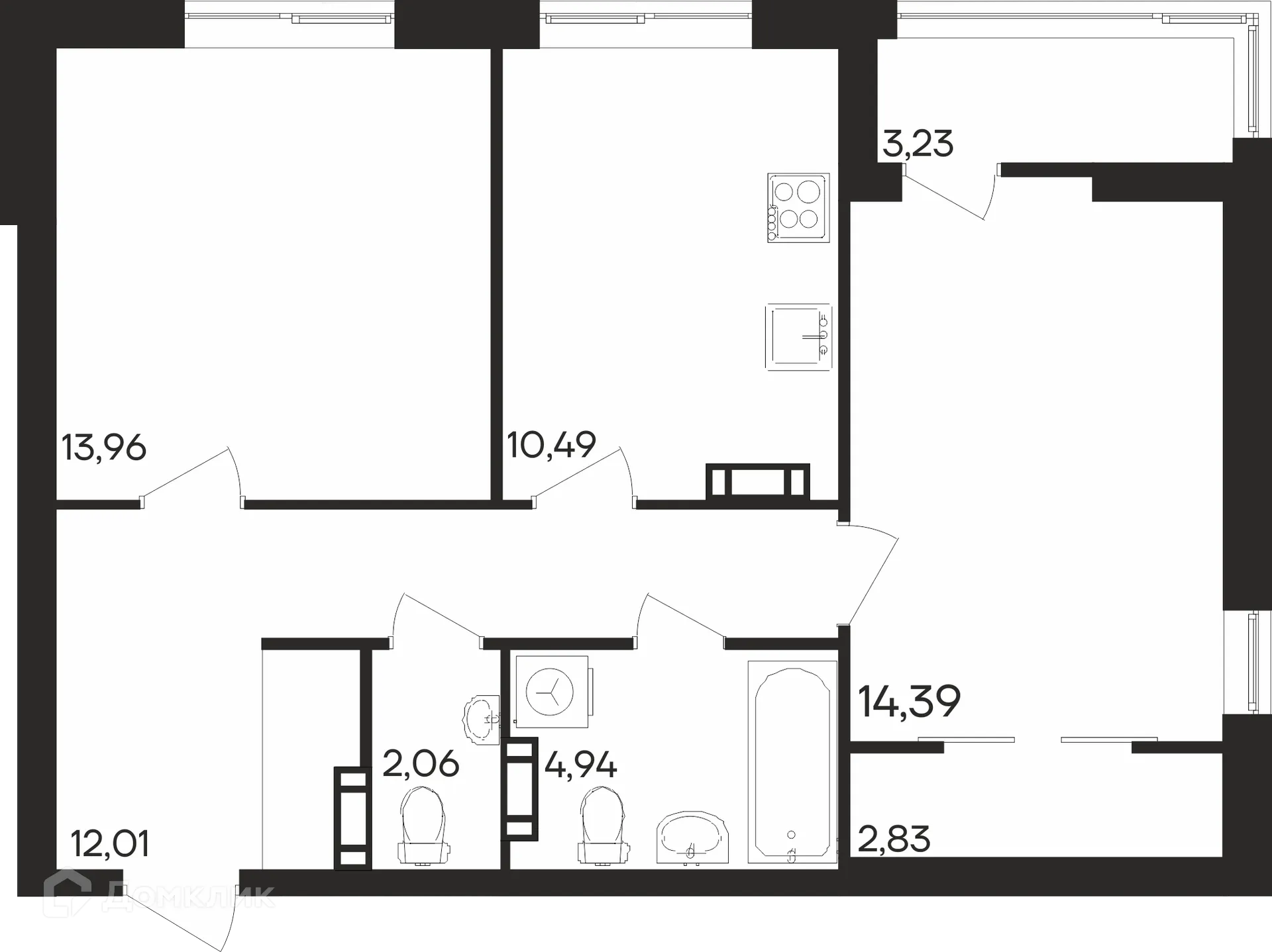 Планировка 2-комнатной квартиры 63.91 м² в ЖК Северное Сияние, г. Мурманск — фото 1