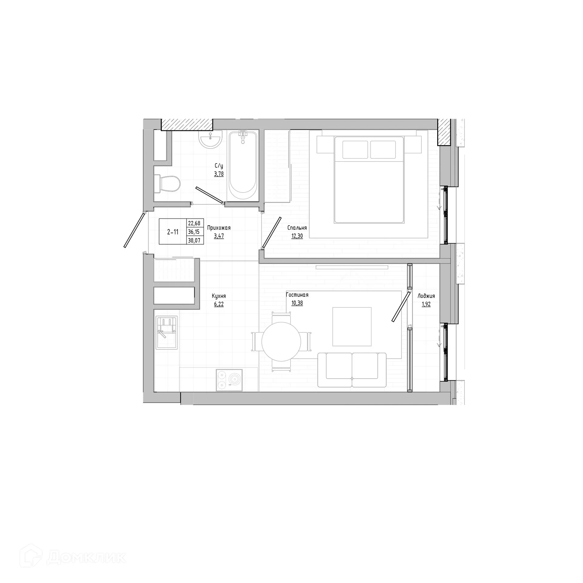 Планировка 2-комнатной квартиры 38.57 м² в Флагман аква, г. Нальчик — фото 1