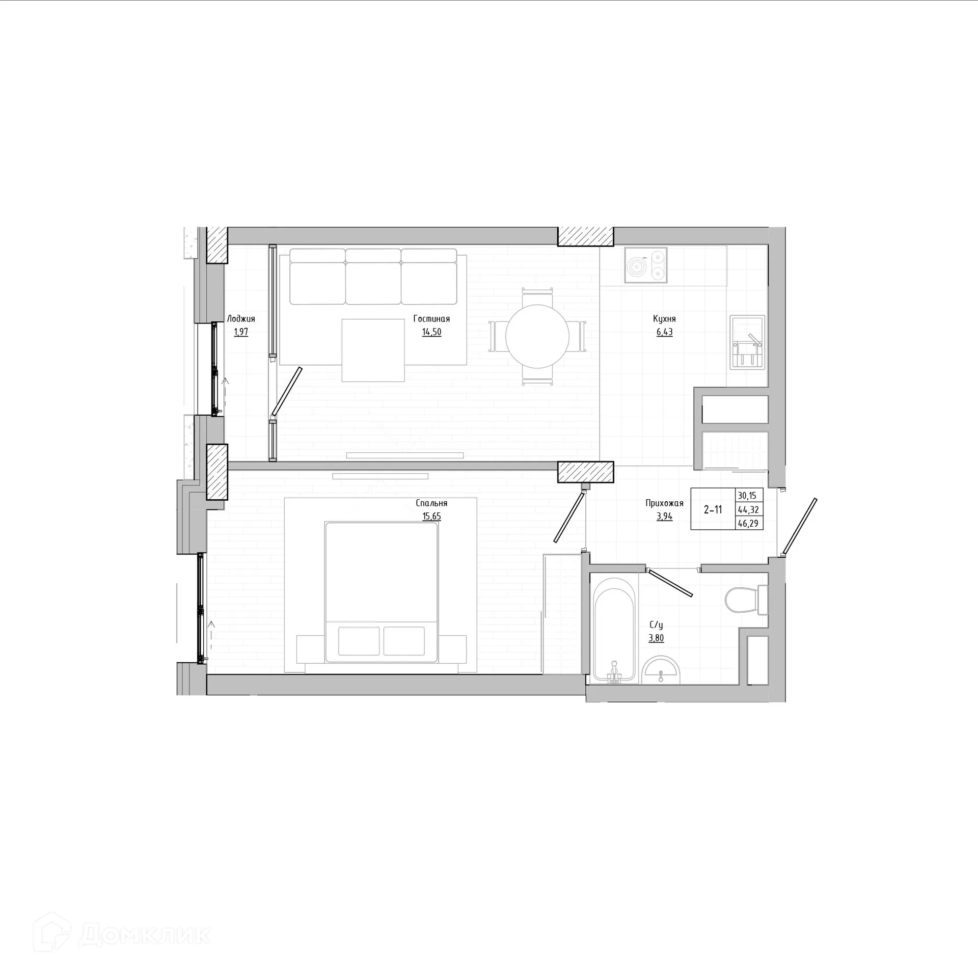 Планировка 2-комнатной квартиры 46.29 м² в Флагман аква, г. Нальчик — фото 1