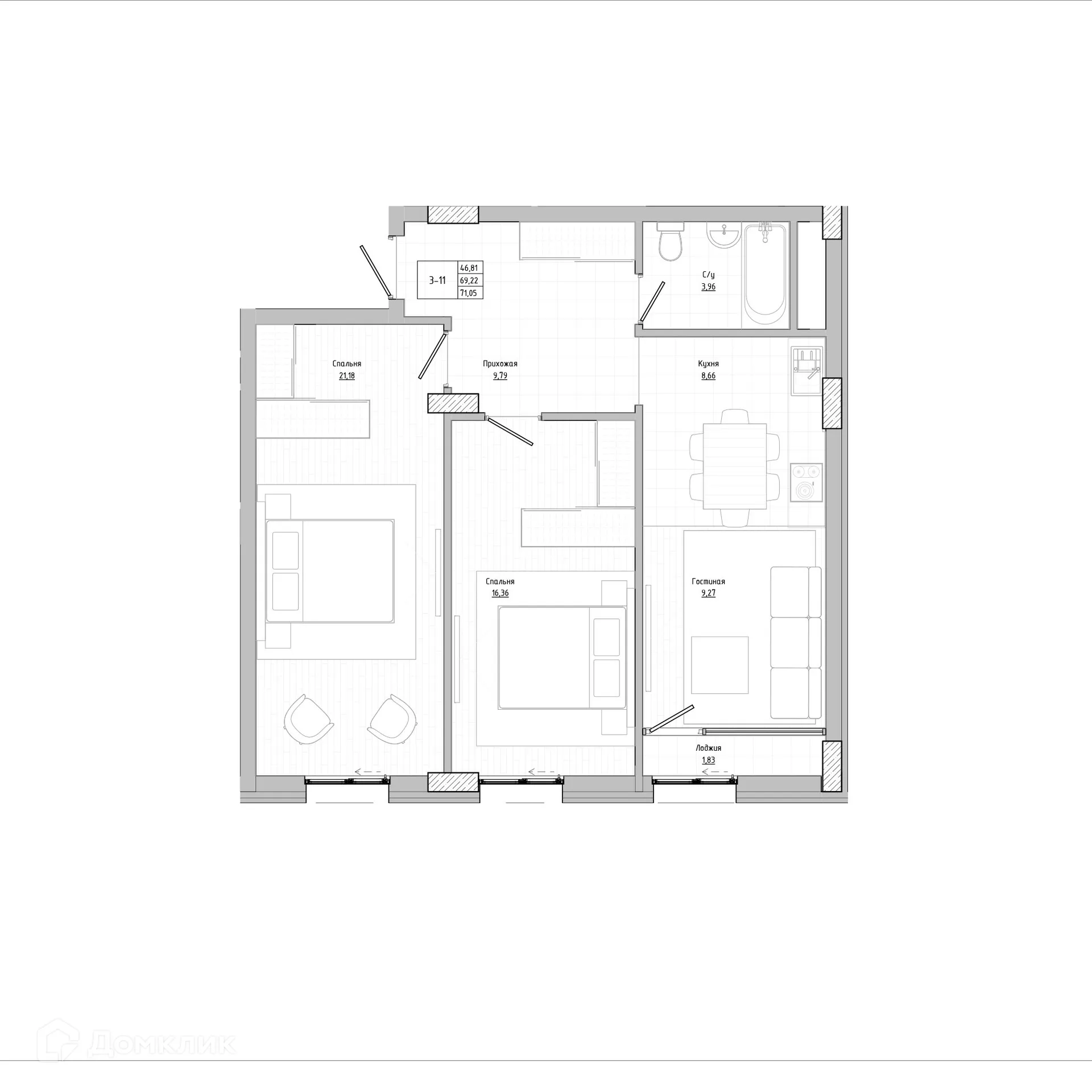 Планировка 3-комнатной квартиры 71.04 м² в Флагман аква, г. Нальчик — фото 1