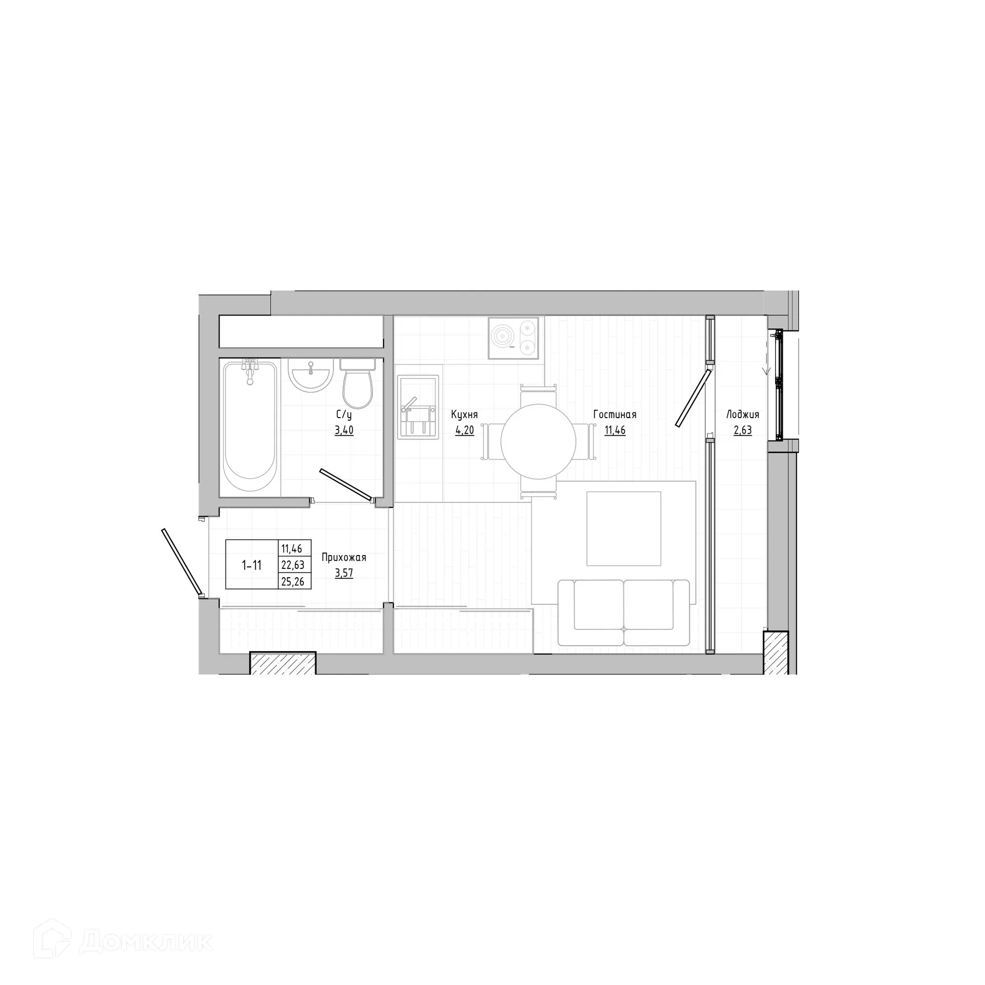 Планировка 1-комнатной квартиры 25.26 м² в Флагман аква, г. Нальчик — фото 1