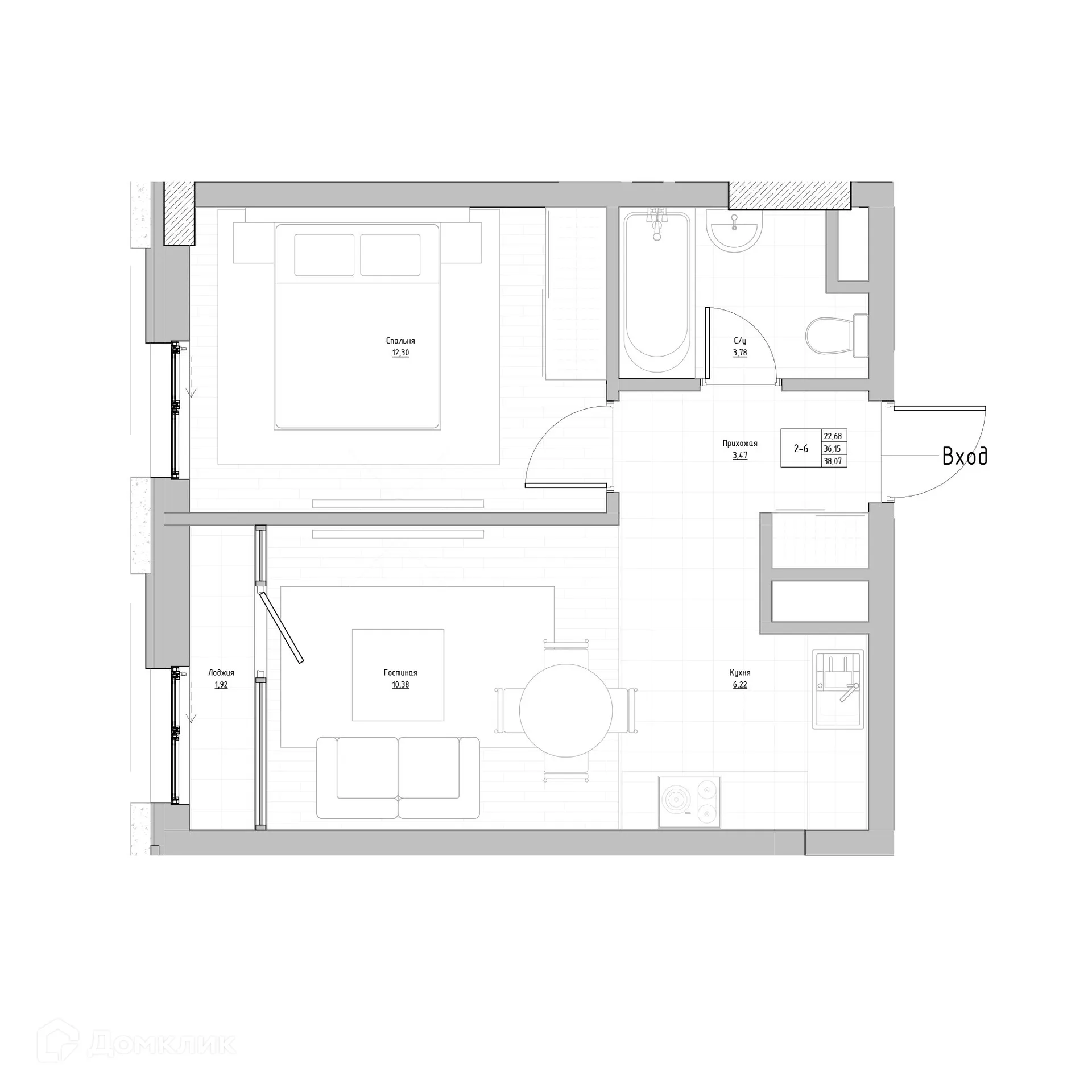 Планировка 2-комнатной квартиры 38.09 м² в Флагман аква, г. Нальчик — фото 1