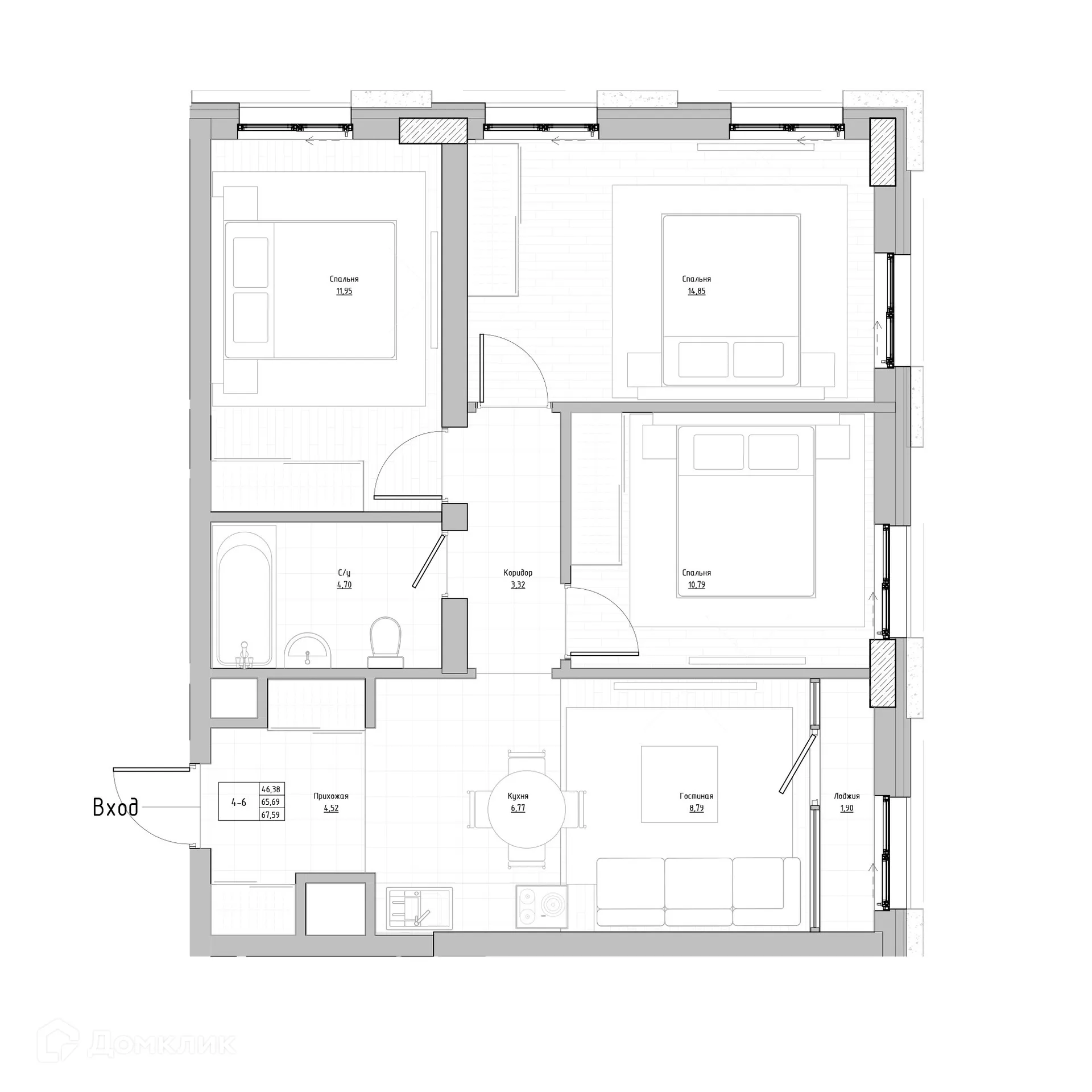 Планировка 4-комнатной квартиры 67.59 м² в Флагман аква, г. Нальчик — фото 1