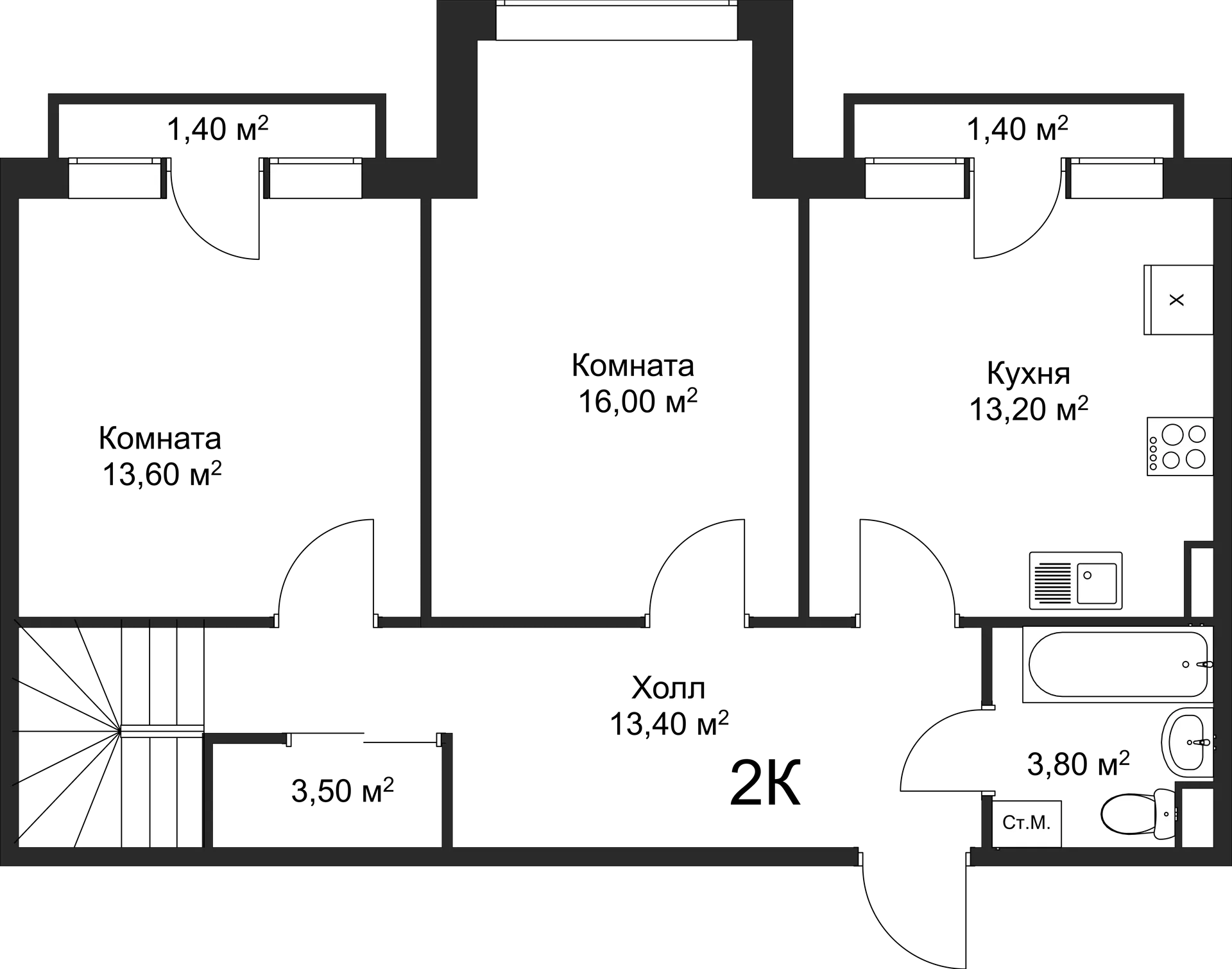 Планировка 2-комнатной квартиры 87 м² в ЖК Рахманинов, г. Новгород — фото 1