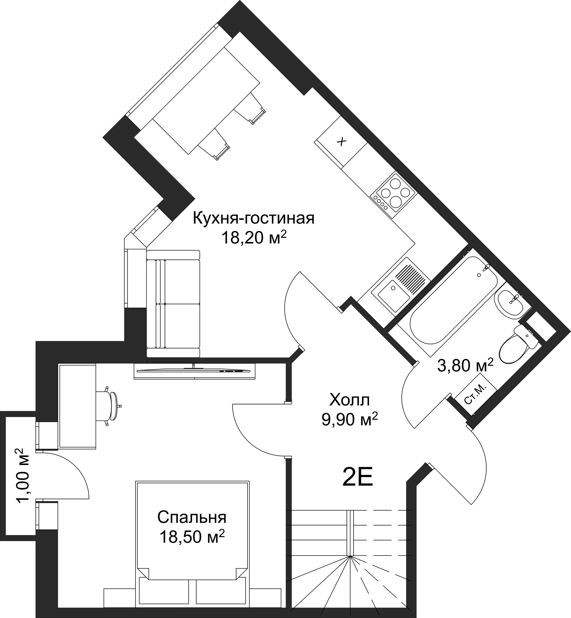 Планировка 1-комнатной квартиры 61.8 м² в ЖК Рахманинов, г. Новгород — фото 2