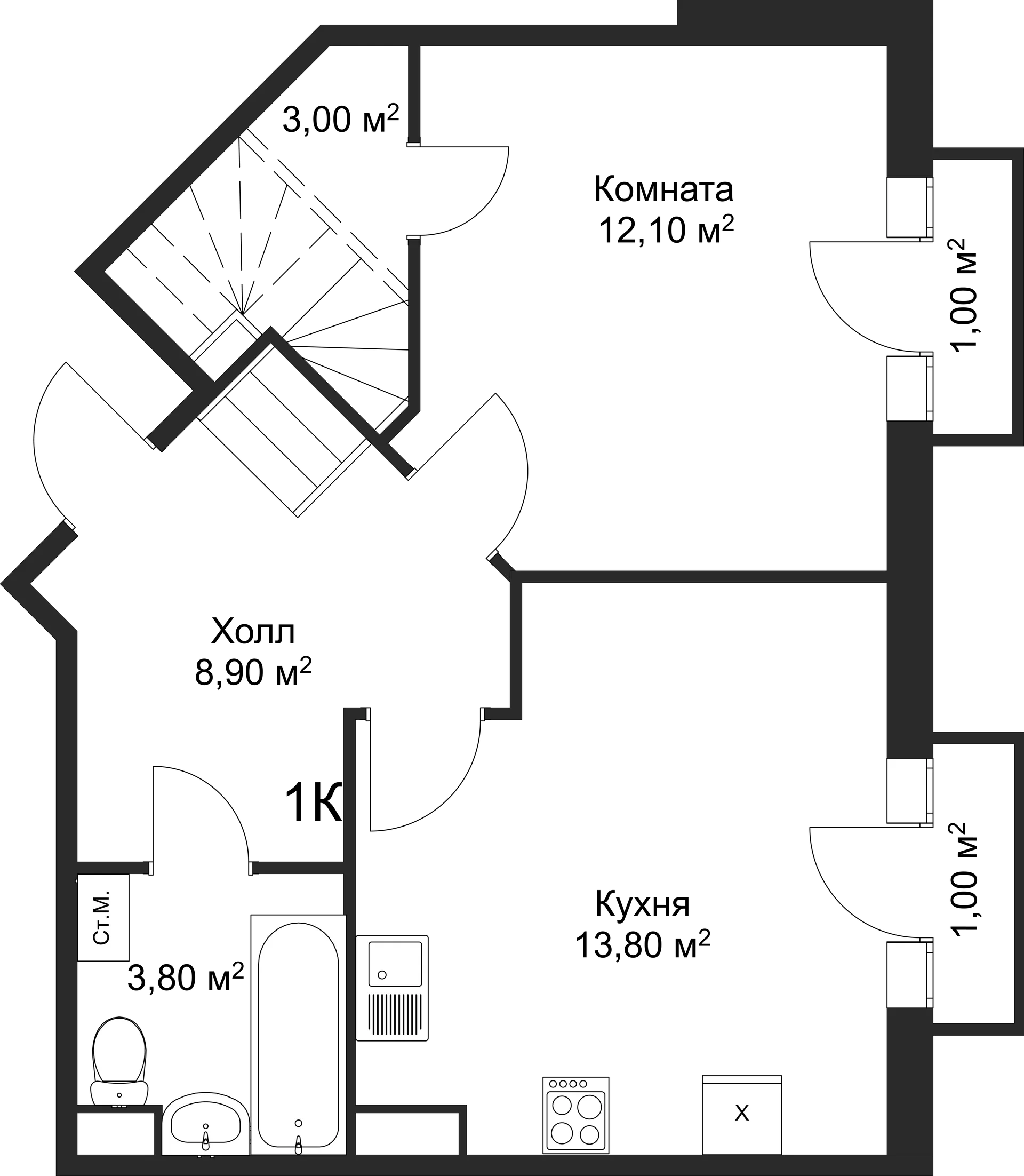 Планировка 1-комнатной квартиры 58.1 м² в ЖК Рахманинов, г. Новгород — фото 1