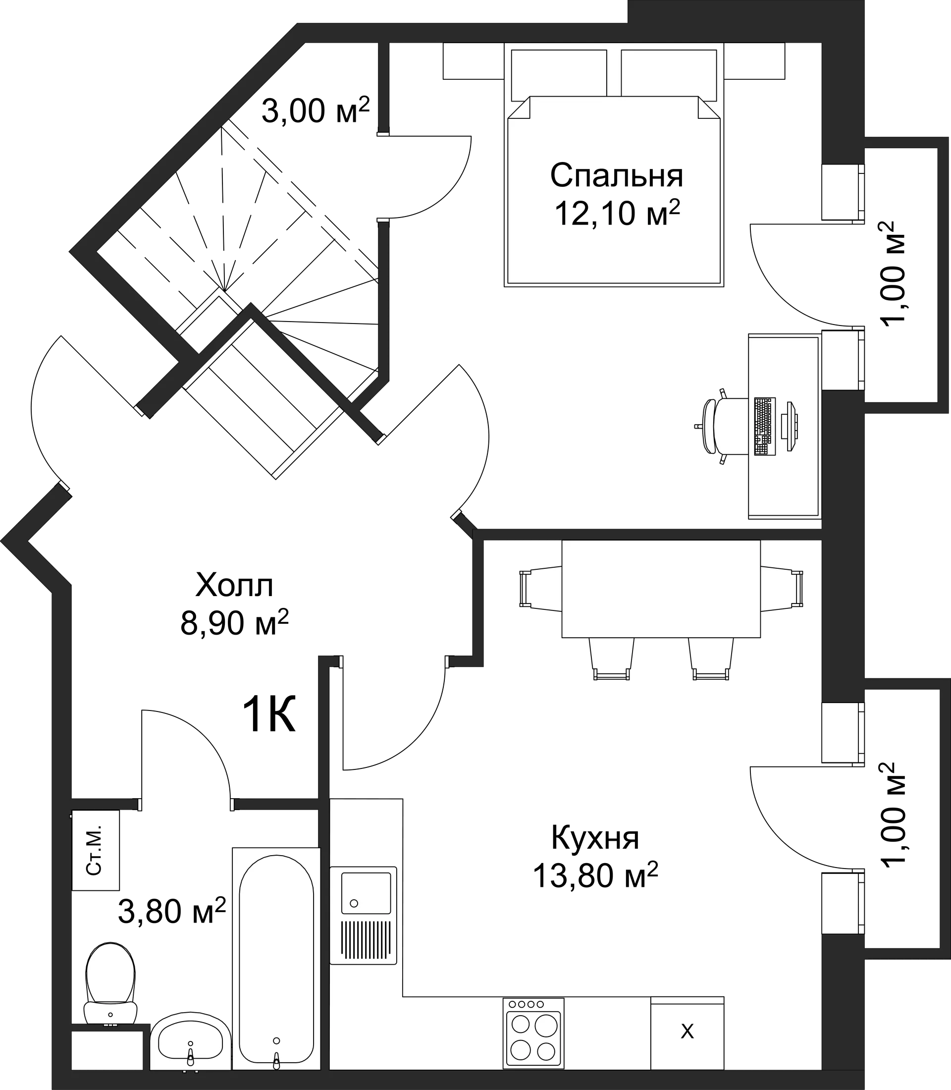 Планировка 1-комнатной квартиры 58.1 м² в ЖК Рахманинов, г. Новгород — фото 2