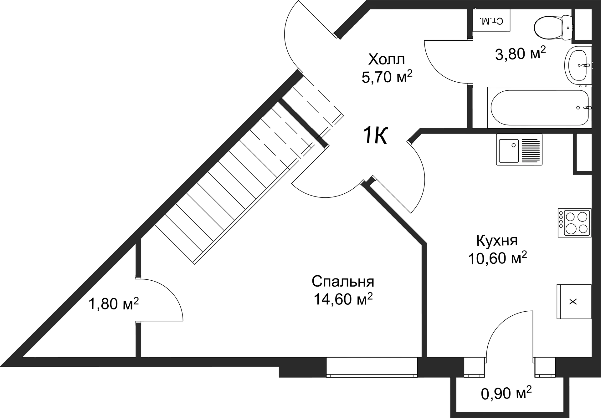 Планировка 1-комнатной квартиры 50.5 м² в ЖК Рахманинов, г. Новгород — фото 1