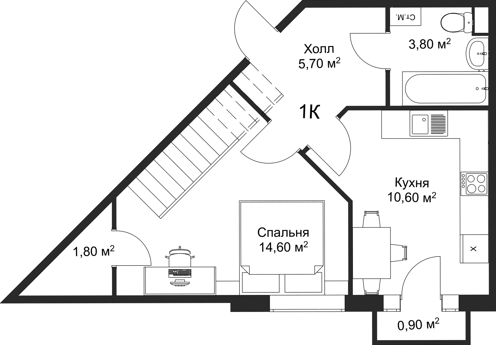 Планировка 1-комнатной квартиры 50.5 м² в ЖК Рахманинов, г. Новгород — фото 2