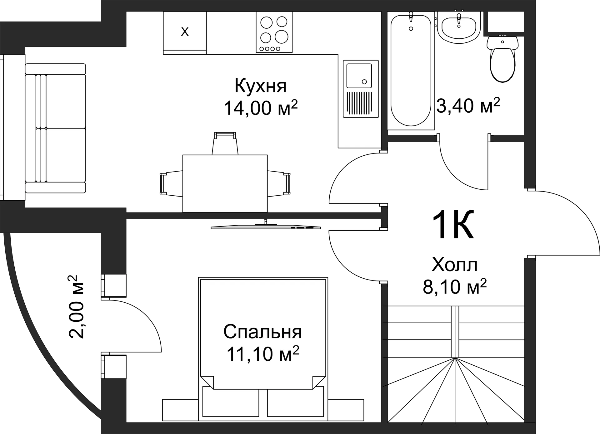 Планировка 1-комнатной квартиры 50 м² в ЖК Рахманинов, г. Новгород — фото 2
