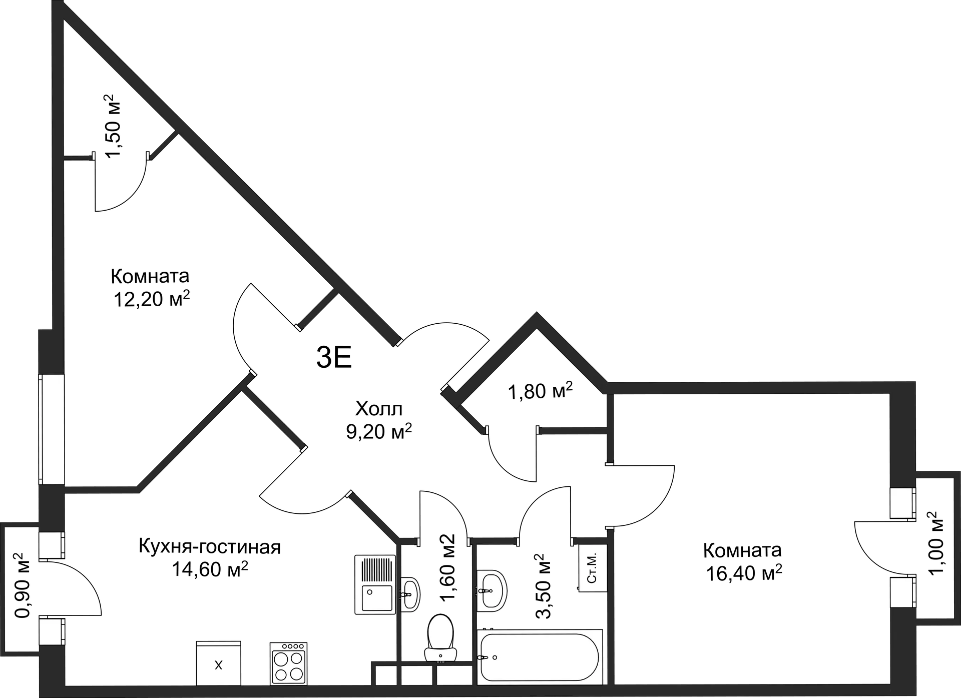 Планировка 2-комнатной квартиры 60.8 м² в ЖК Рахманинов, г. Новгород — фото 1