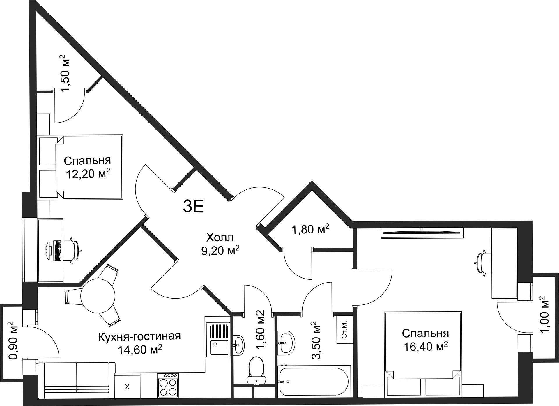 Планировка 2-комнатной квартиры 60.8 м² в ЖК Рахманинов, г. Новгород — фото 2