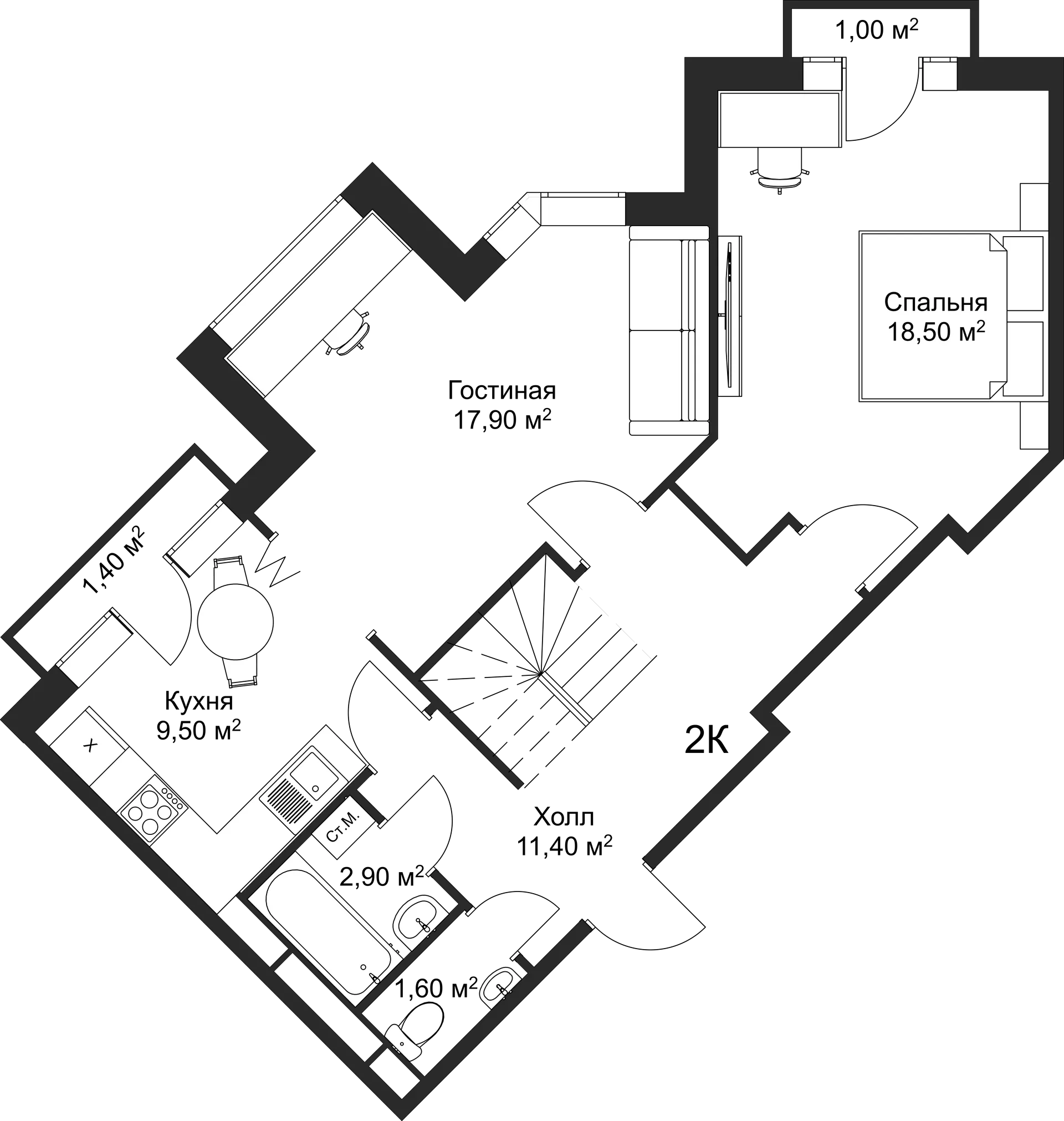 Планировка 2-комнатной квартиры 90 м² в ЖК Рахманинов, г. Новгород — фото 2