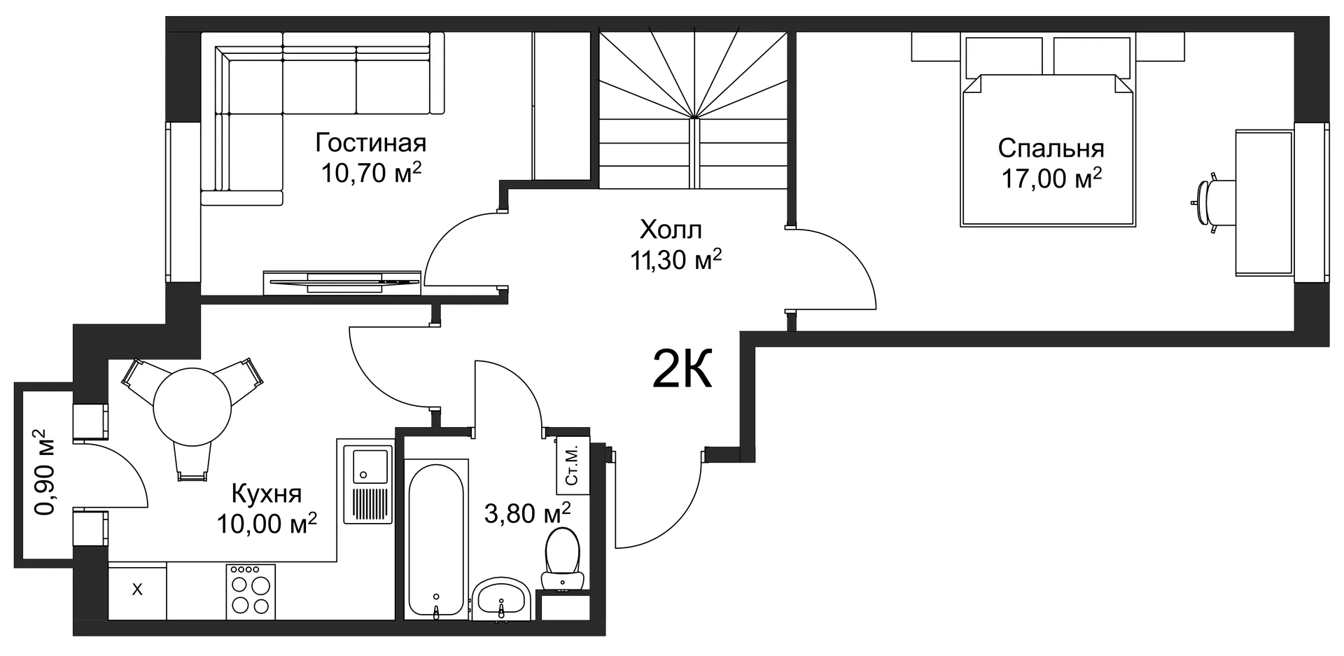 Планировка 2-комнатной квартиры 70.9 м² в ЖК Рахманинов, г. Новгород — фото 2