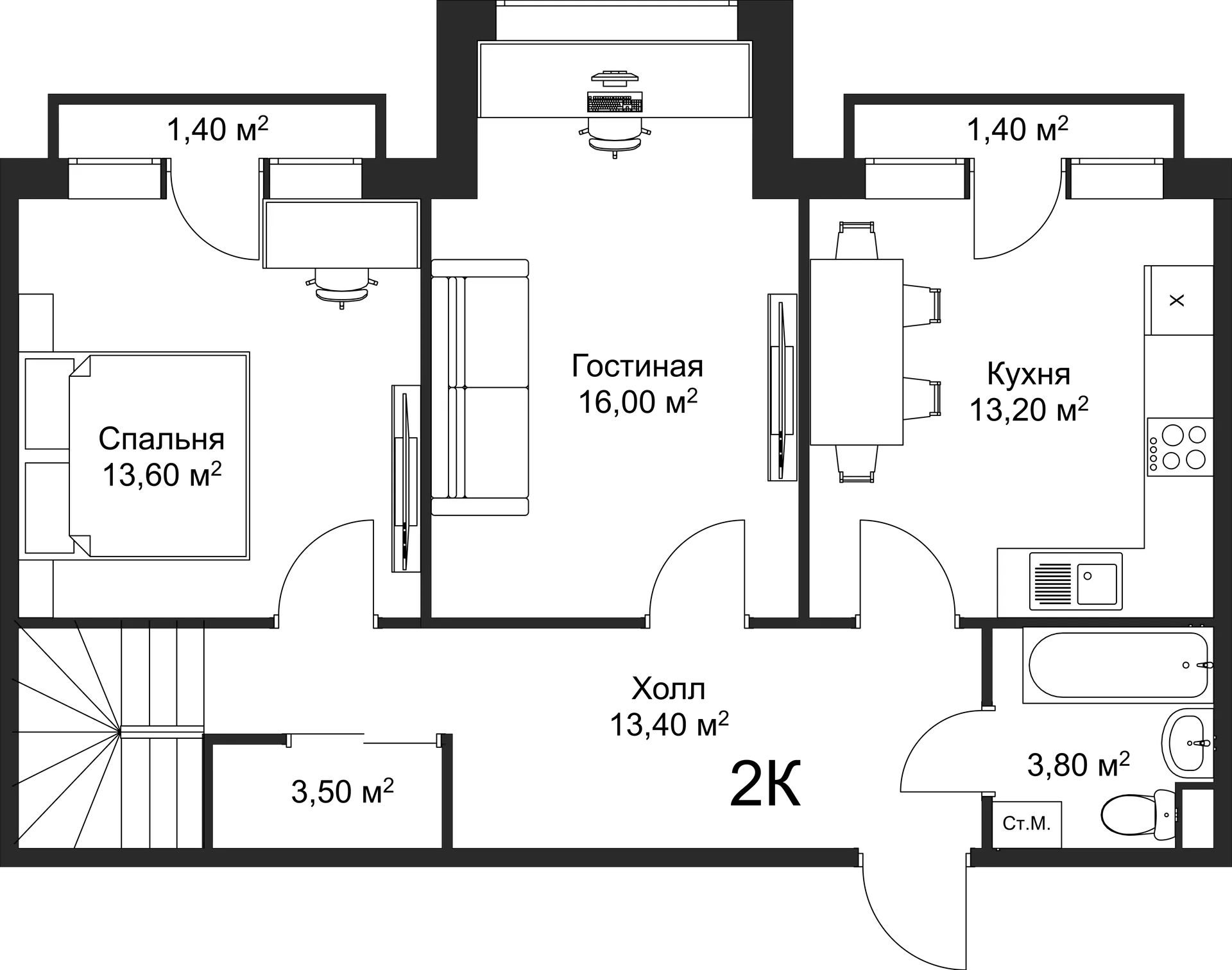 Планировка 2-комнатной квартиры 87 м² в ЖК Рахманинов, г. Новгород — фото 2