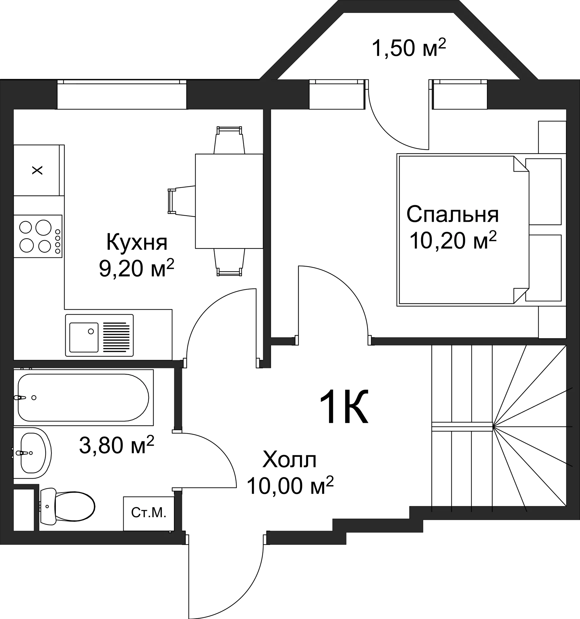 Планировка 1-комнатной квартиры 44.8 м² в ЖК Рахманинов, г. Новгород — фото 2