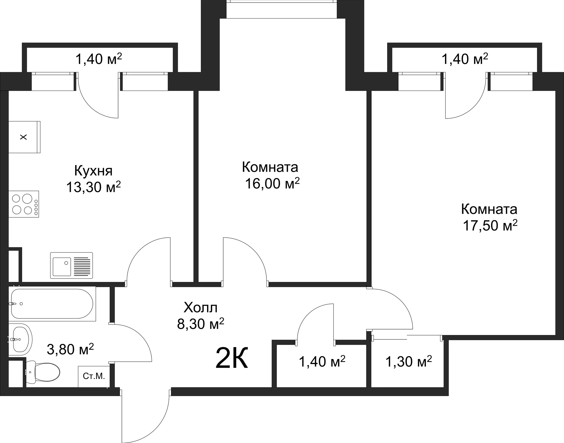 Планировка 2-комнатной квартиры 61.6 м² в ЖК Рахманинов, г. Новгород — фото 1